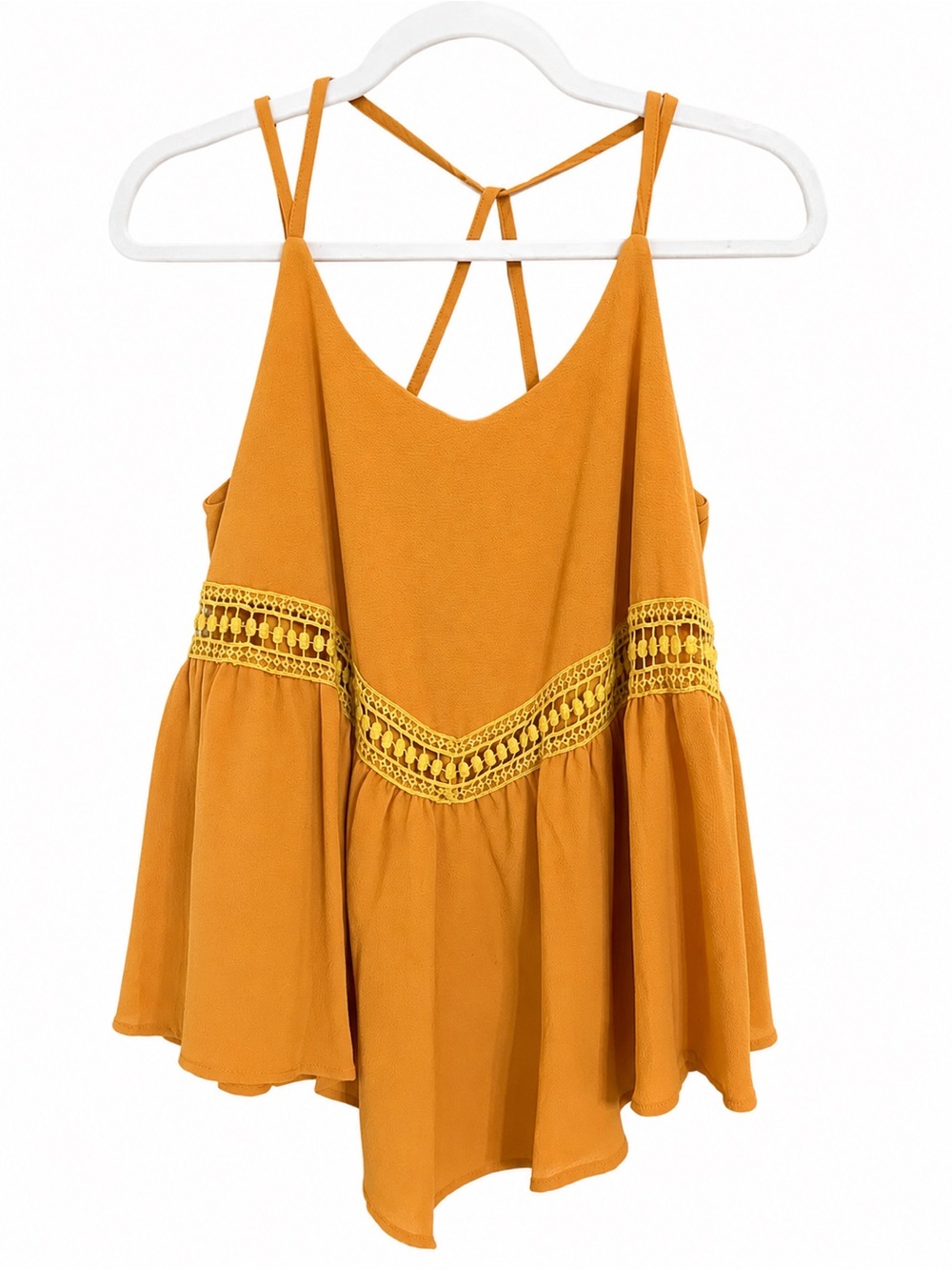 She + Sky Mustard Boho Cold Shoulder Crochet Bell Sleeve Top Medium